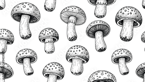 Seamless pattern of hand drawn mushroom sketches in black ink on a white background creating a vintage botanical wallpaper design.