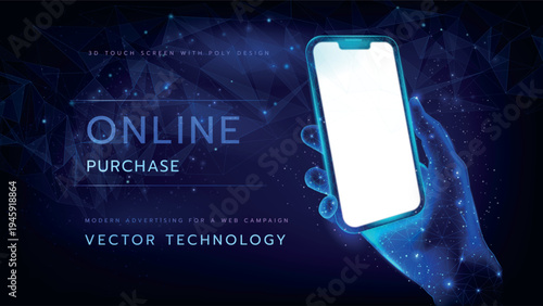 App phone. Hand smartphone. 3D touch screen with poly design. Man holds cellphone using smart device. Modern advert web campaign. Futuristic digital commerce, online purchase vector technology service