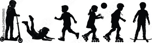 Children silhouettes, outdoor activities, scooter riding, running figures, roller skating, skateboarding kids, playful motion, dynamic poses, abstract illustration, stock vector