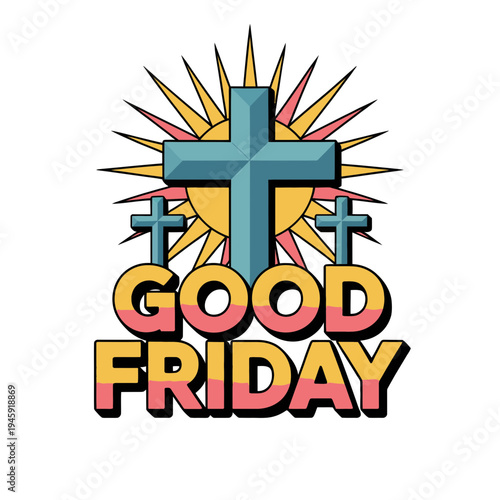 A colorful Good Friday logo with a cross and sun