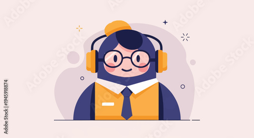 Friendly cartoon character in headphones and business attire, smiling