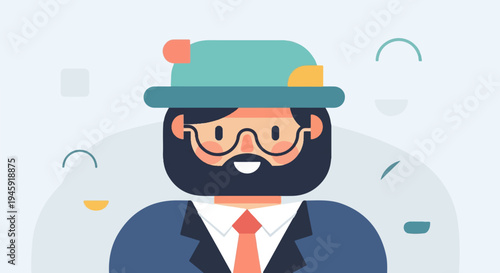 Friendly man with beard, glasses, and hat on light blue background