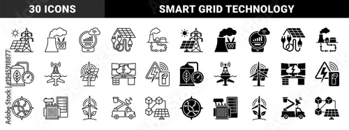 Hybrid energy and smart grid icons merging renewable solar wind power with digital monitoring systems and electrical infrastructure for utility management