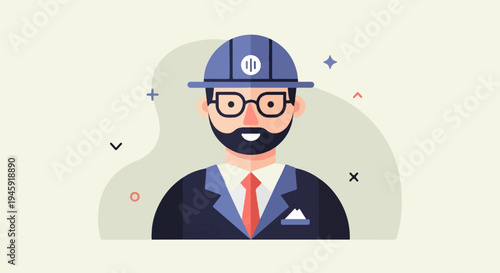 Friendly male professional in hard hat and suit, abstract shapes