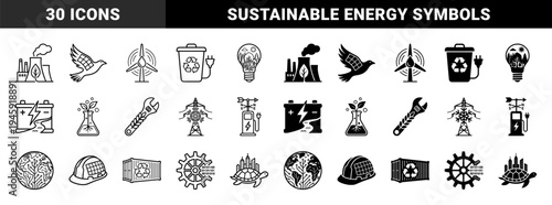 Sustainable energy and eco technology hybrid icons featuring solar powered bird wind turbine water drop and forest lightbulb conceptual symbols
