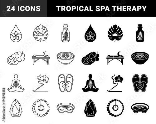 Hybrid Wellness and Holistic Spa Therapy Icons Featuring Tropical Botanical Elements Merged with Zen Meditation and Massage Equipment Symbols