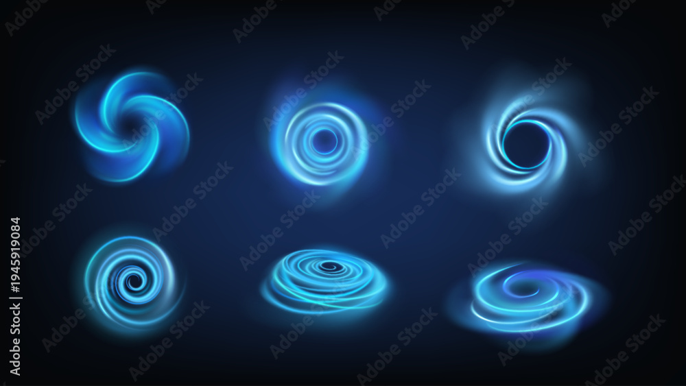 Naklejka premium Swirl effect. Round spin in dynamic motion. Light circle, air energy shape. Circular sparkle, current stream illumination. Tornado, spiral clean bubble. Vector transparent realistic isolated elements