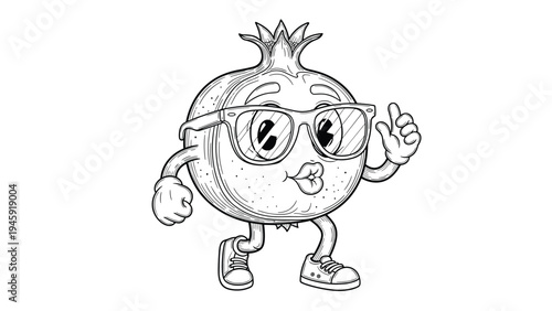 Cool pomegranate character wearing sunglasses and sneakers pointing up in a retro hand drawn style for fun food related illustrations.