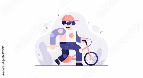 Flat illustration of a person riding a bicycle with a package