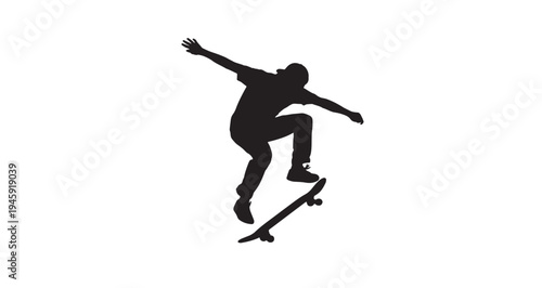 Skateboarder Silhouette vector graphic illustration silhouette of a skateboarder performing an airborne trick against a stark white background ideal for action sports designs.