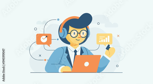 Friendly person with headphones and glasses working on a laptop