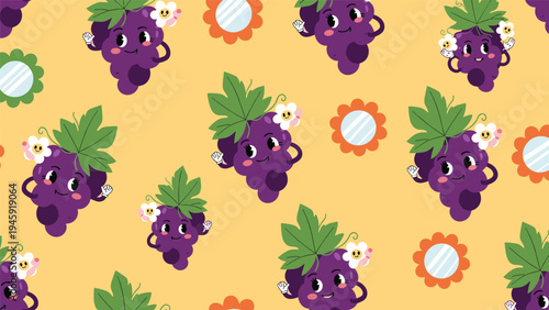 Seamless pattern of happy grape characters with flower hair accessories and circular mirrors on a bright yellow background design.