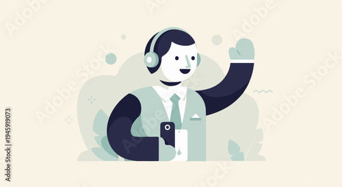 Friendly person with headphones and phone in business attire waves hello