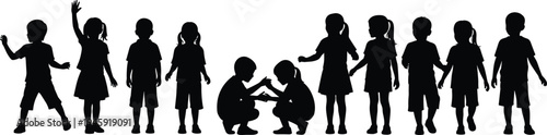 Children silhouettes, playful figures, standing poses, squatting kids, social interaction, childhood icons, companionship symbols, abstract illustration, activity concept, stock vector