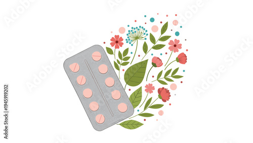 Blister pack of pink pills with beautiful flowers and leaves growing out to represent herbal medicine or health and recovery.