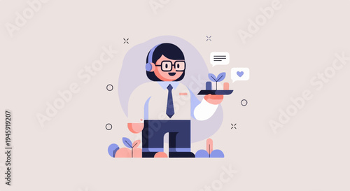 Friendly service representative with headphones offers a growing plant