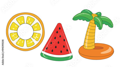 Colorful pool floats in the shape of an orange slice a watermelon wedge and a palm tree for summer vacation and swimming themes.