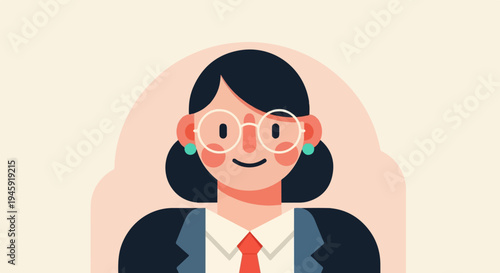 Flat illustration of a smiling woman in business attire with glasses