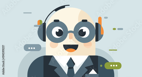 Friendly, smiling cartoon character in glasses and headset, wearing a suit