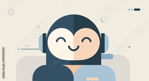 Flat illustration of a smiling robot character with headphones