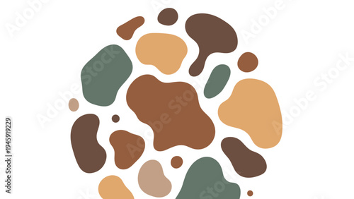 Abstract seamless pattern of organic shapes in earthy green and brown tones creating a modern camouflage or pebble like background.