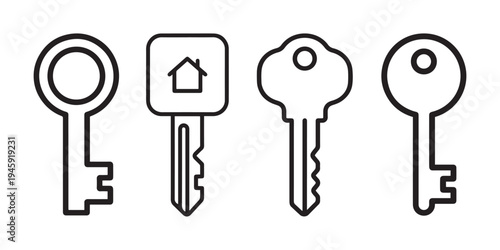 A Collection of Four Minimalist Black and White Line Art Key Icons Representing Security, Access, Real Estate, and Home Ownership.