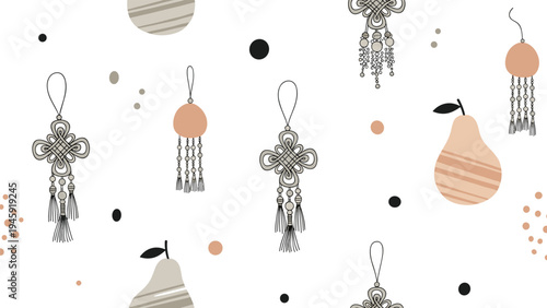 Bohemian seamless pattern of macrame wall hangings and striped pears in a neutral color palette for modern interior design themes.