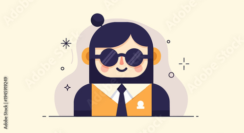 Flat illustration of a stylized person with sunglasses and a bun