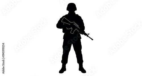 Soldier Silhouette vector graphic illustration depicting a standing soldier in full military gear, holding an assault rifle, rendered as a stark black silhouette against a clean white background.