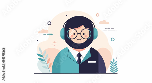 Friendly smiling person with headphones and glasses, surrounded by abstract shapes