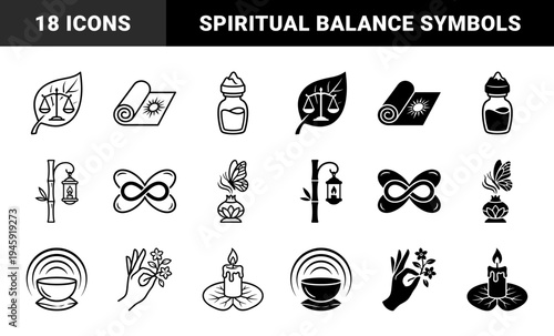 Hybrid Zen and Wellness Symbols Combining Organic Leaves with Justice Scales Bamboo Lanterns and Butterfly Incense Burners in Dual Style
