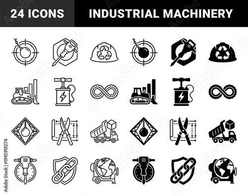 Heavy Construction Machinery and Industrial Demolition Hybrid Icons Featuring Wrecking Ball Targets Jackhammer Clock and Excavator Measurement Tools