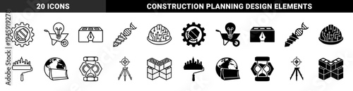 Construction and Engineering Hybrid Symbols Featuring Mixer Gear Lightbulb Wheelbarrow DNA Drill Bit City Roller Earth Bulldozer and Hourglass Nut