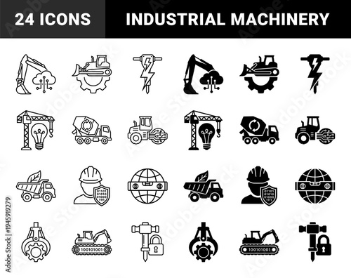 Construction machinery and heavy equipment icons merging industrial power with smart technology digital data and sustainable energy concepts