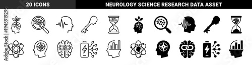 Mental Health and Cognitive Development Icons Featuring Hybrid Brain Symbols Merged with Hourglass Compass Key and Growth Elements