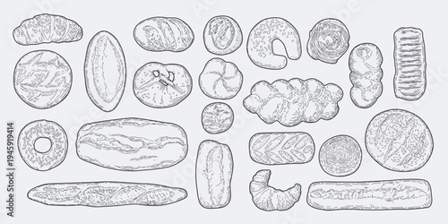 Engraving of baking. Woodcut on bread. Vintage silhouette of wheat. Hand-drawn sketch of bakery assortment. Baked bun, croissant and bagel. Vector food menu breakfast isolated monochrome illustration