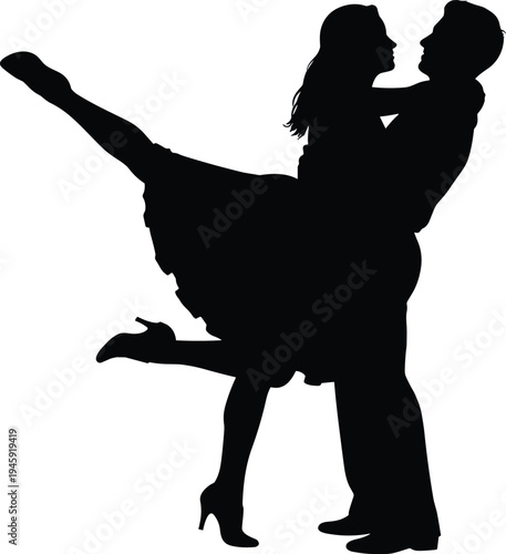 Dance silhouettes, romantic figures, expressive lift, ballroom pose, performance icons, movement symbols, abstract illustration, artistic concept, stock vector