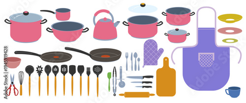 Cooking crockery. Kitchen icon. Kitchenware bakery. Pan for food. Cutlery colorful, frying saucepan. Equipment utensils for preparation. Home tool, dish, knife. Vector culinary isolated illustration