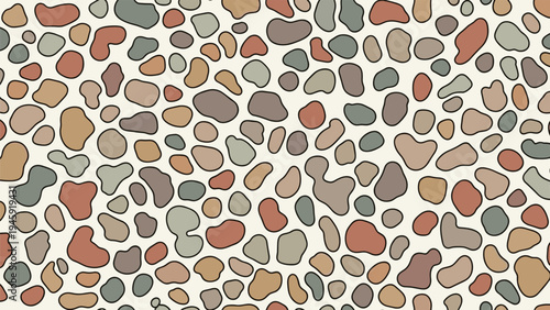 Seamless pattern of smooth pebbles and stones in various natural shades of grey brown and tan for garden or spa themed backgrounds.