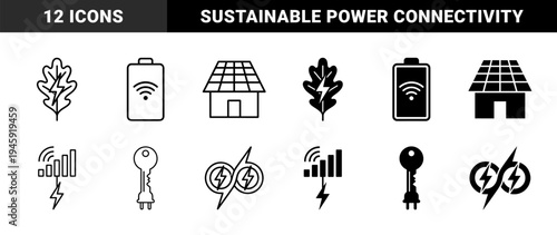 Hybrid energy and connectivity symbols combining organic leaf shapes with lightning bolts solar house panels and wireless battery charging metaphors