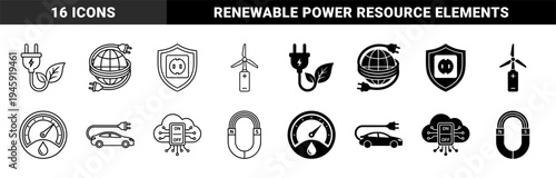 Hybrid Energy and Sustainable Technology Icons Featuring Eco Power Plugs Green Car Charging Wind Turbine Battery and Magnetic Force Symbols