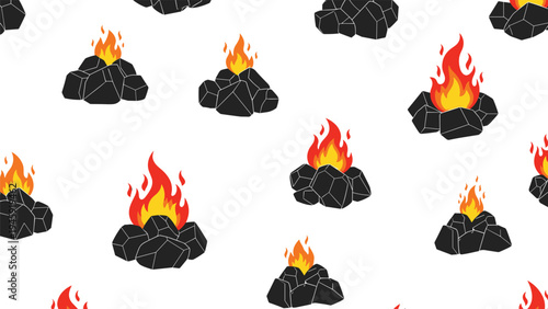 Seamless pattern of campfires with bright orange flames burning on piles of black charcoal for outdoor camping or hiking themes.