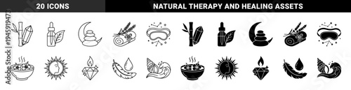 Wellness and spirituality hybrid symbols combining organic elements with zen lifestyle objects in a dual outline and solid monochrome style