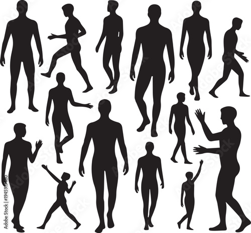Silhouettes of people in various poses and actions on white background human figures black de