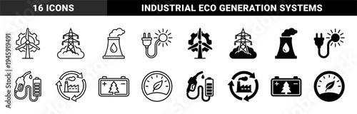 Sustainable Energy Hybrid Symbols Featuring Wind Turbine Gear Integration Solar Plug Fusion and Eco Battery Storage with Biofuel Gas Pump Concepts