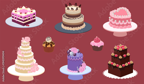 Wedding cake. Confectioner bakery. Party tasty food for birthday with jelly. Pastry sweet cream and chocolate glaze. Restaurant celebration menu. Cartoon cooking. Vector delicious confectioneries set