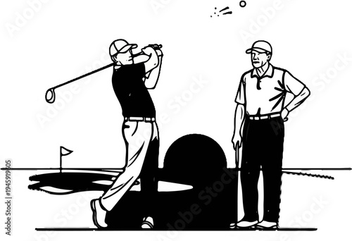 Golfer swings club, another watches on a sunny day