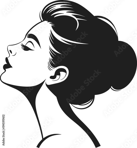 Elegant Woman Profile Silhouette, Beautiful Female Face Line Art, Salon Beauty Hair Bun Style, Fashion Lady Head Side View, CAD Drawing Flat Vector Illustration