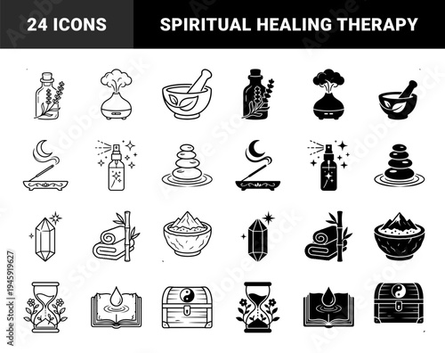 Wellness and Holistic Therapy Symbols Featuring Hybrid Designs such as Hourglass with Growing Plants and Zen Stones with Water Ripples
