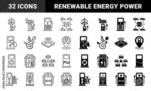 Electric vehicle charging station hybrid symbols with renewable energy wind turbine solar panel and organic vine power cable integration